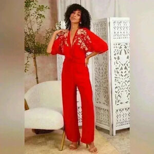 Hope & Ivy The Divine Tie Front Open Back Red Jumpsuit